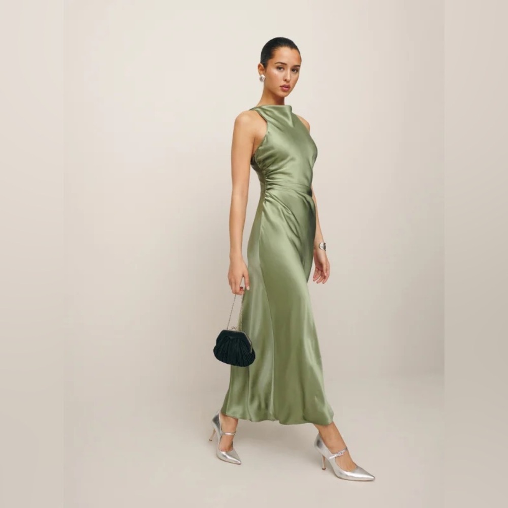 Reformation NWT Casette Silk Dress Size 12 in Artichoke - Picture 4 of 14